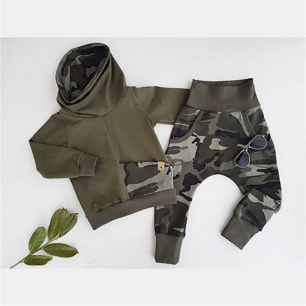 Newborn Baby Boy Girl Clothes Hoodies Sweatshirt Spring Autumn Fall Clothes Camo Tops Long Pants Outfits 2PCS Set Pocket Fashion