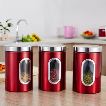 

Creative stainless steel storage tank kitchen snacks sealed container red tea sugar box with hand gifts Glss container