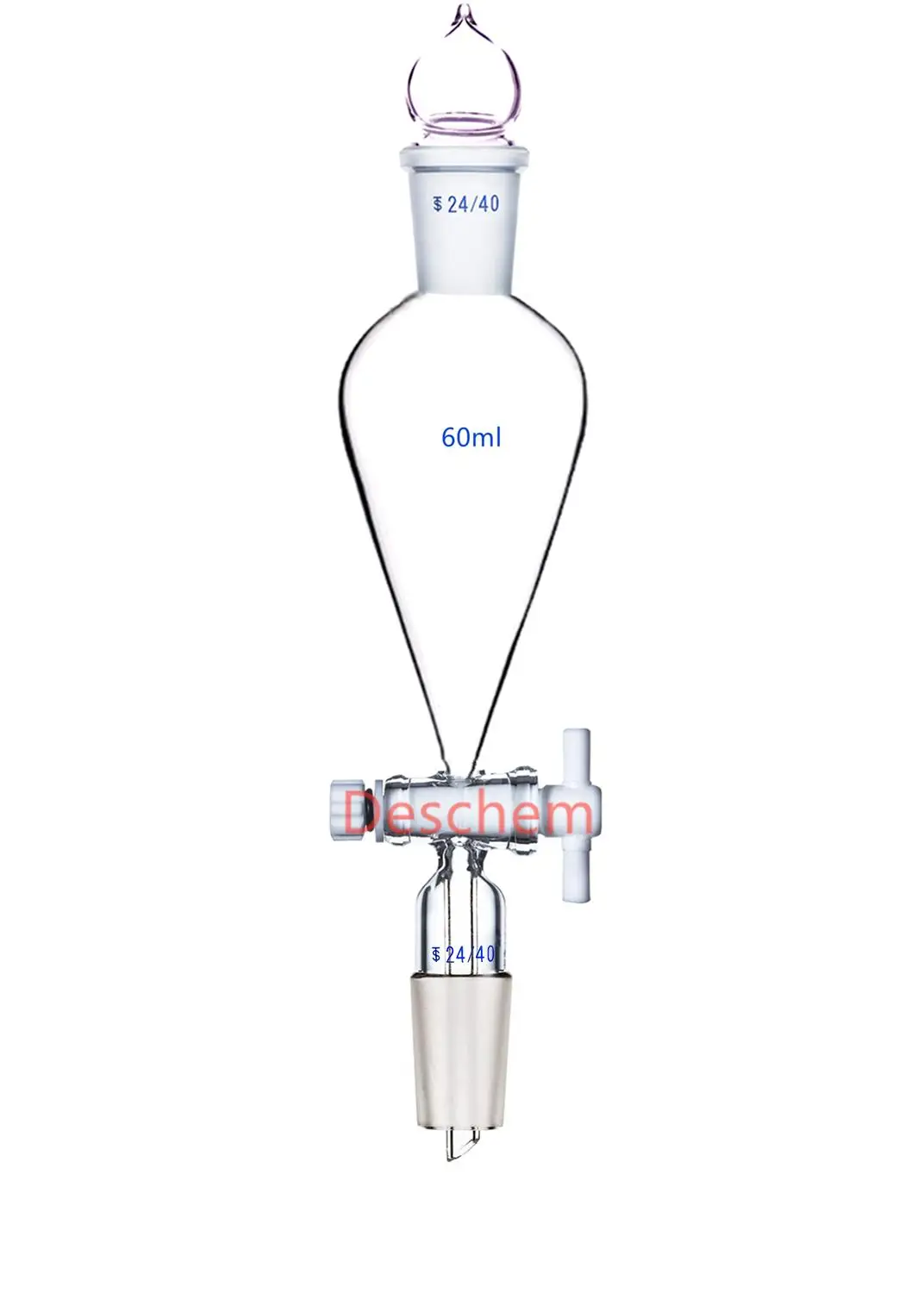 60ml,24/40,Lab Pyriform Separatory Funnel,PTFE F4 Stopcock,Ground Joint
