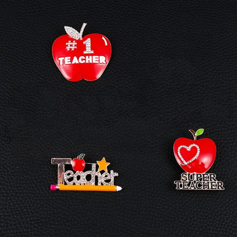 Creative Red Enamel Brooches Pins With Teacher Letters And Heart Shape Rhinestones Pins For Dress Coat Jewelry Accessories