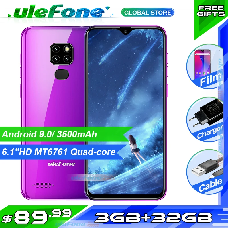 Ulefone Note 7P Smartphone Android 9.0 Quad Core 3500mAh 6.1 inch Waterdrop Screen 3GB+32GB Mobile phone Face Unlock