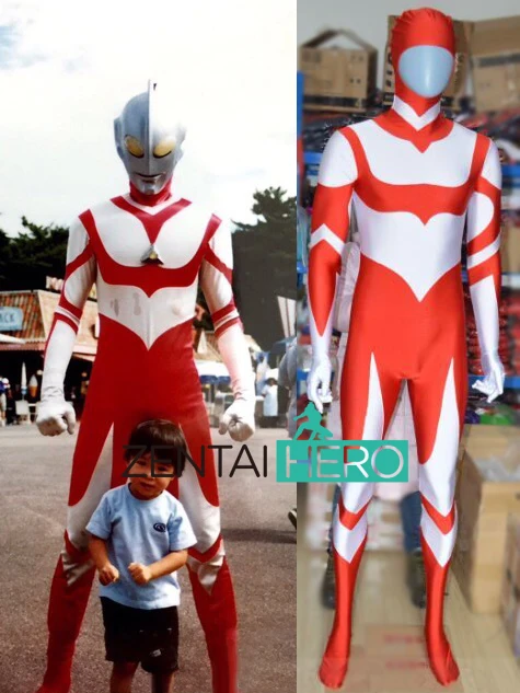 Красный и белый Ультрамен большой костюм спандекс Облегающий комбинезон из лайкры zentai костюмы косплей супергероя с открытым лицом