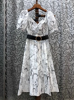 

2020 Spring and Summer New Women's Irregular Neckline Printed Decorative Buckle Waist Hugging Short-Sleeve Dress 530
