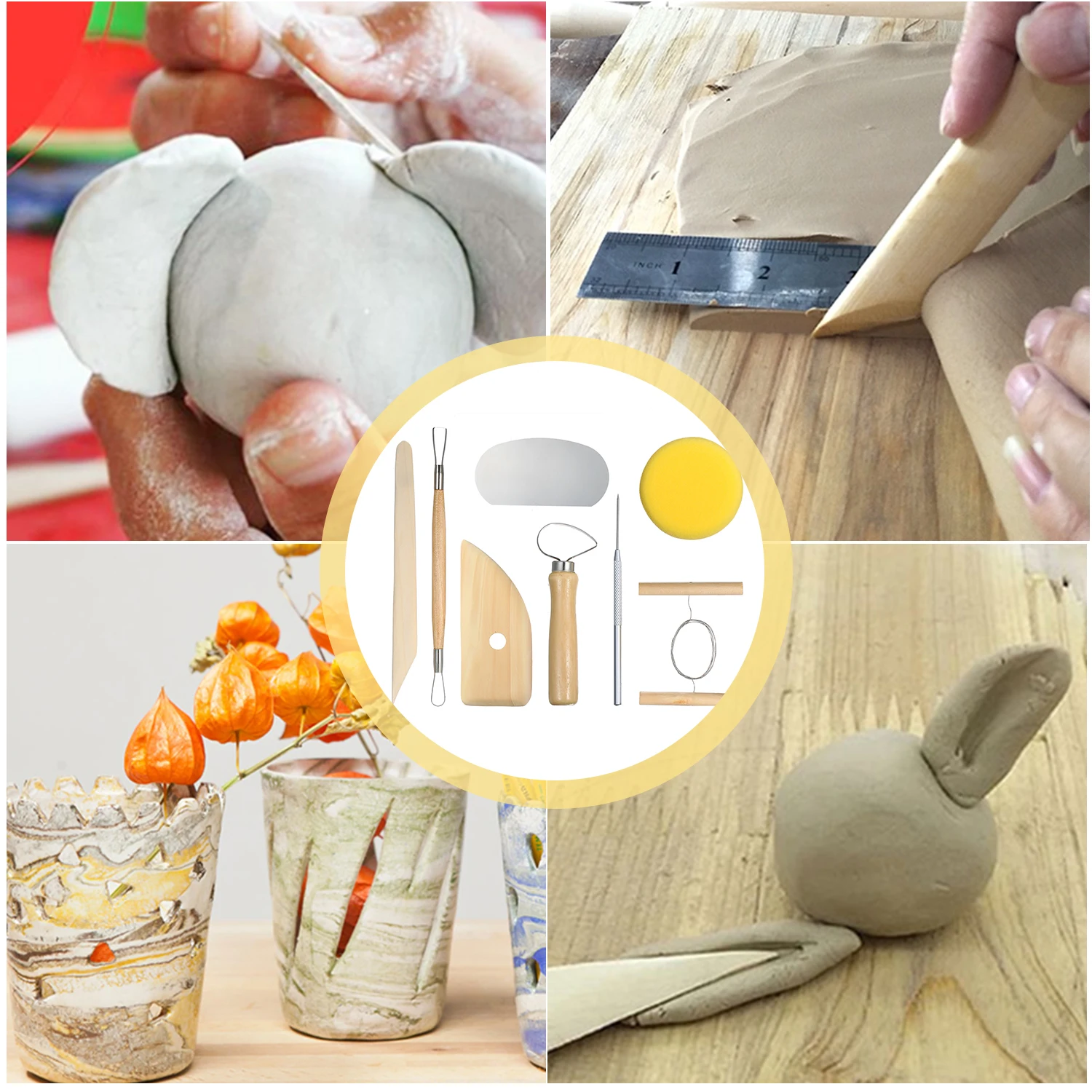 8pcs Pottery Clay Tool Set Pottery Ceramics Molding Tools Practical Wood& Metal Sponge Tool Set Wood Spong