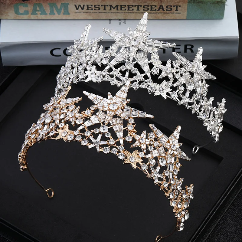 Новинка 2019 Роскошная Свадебная Корона Стразы со звездами золотые и серебряные