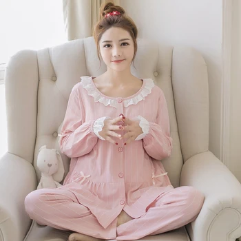 

4X Vertical Stripes Pink Cotton Maternity Nursing Sleepwear Sweet Pajamas Clothes for Pregnant Women Pregnancy Sleep Lounge Wear