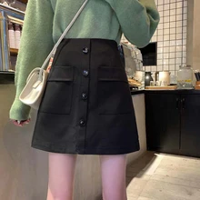 Women's Short Skirt High Waist Retro-style Skirt Wild Button Black Black A-line Skirt Trendy College Girl Skirt