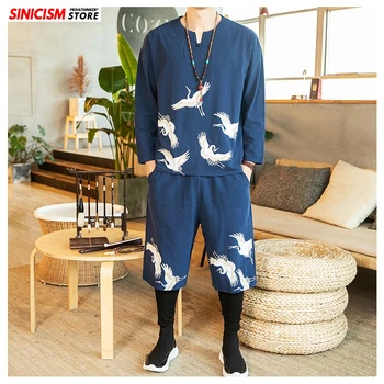 

Sinicism Store Chinese Style Tracksuit Men 2020 Spring Men Cotton Linen Long sleeve 2 Piece Sets Male Printed Pants Track Suit