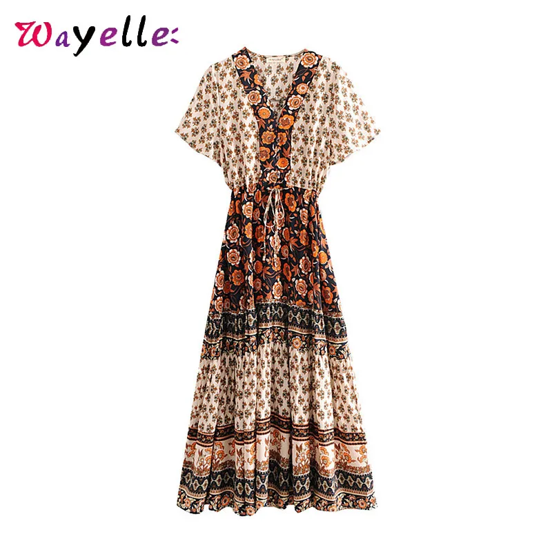 

Boho Drawstring Pleated Beach Dresses 2019 V Neck Retro Summer Floral Print Long Dresses Women Elegant Boho Bandage Dress