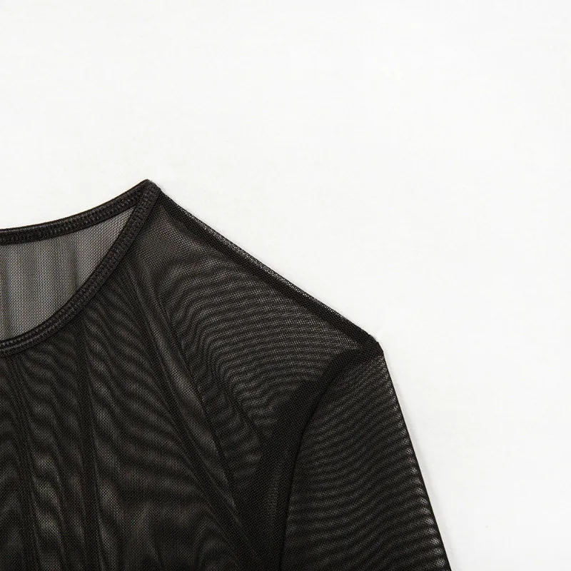 NCLAGEN Ladies Sexy Transparent Mesh PU Patchwork Long Sleeve Party Bodysuits Striped Eyelet Clubwear Active Bodycon