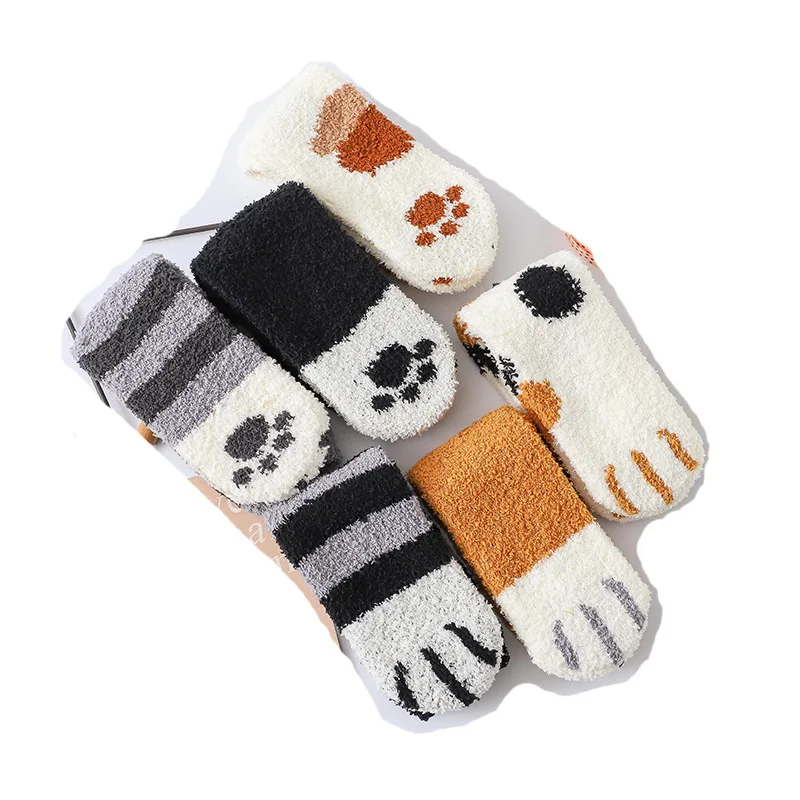 Плюшевые носки в виде кошачьей лапы; женские зимние носки для сна; бархатные носки кораллового цвета; теплые плотные носки для женщин