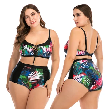 

Print Plus Size Bikini Set Women High Waist Swimwear 4XL Fat Feminine Big Bra Two Piece Bikini Push Up Beach wear For 100kg