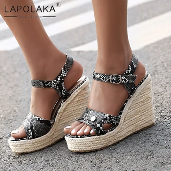 

Lapolaka 2020 New Design Large Size 43 Snake Skin Prints Women Sandals Wedges Platform Peep Toe Pumps Summer Party Women Shoes