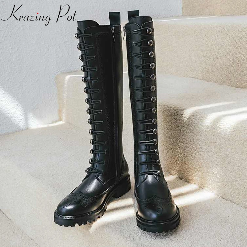 

krazing pot cow leather oriental design thick med heels carving round toe keep warm Equestrian metal rivets knee-high boots l10