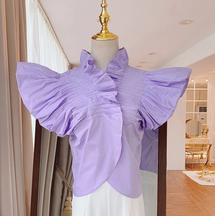 

Palace Style Flower Bud Small Flying Sleeve Manual Crimping V-neck Design Shirt 2020 Summer