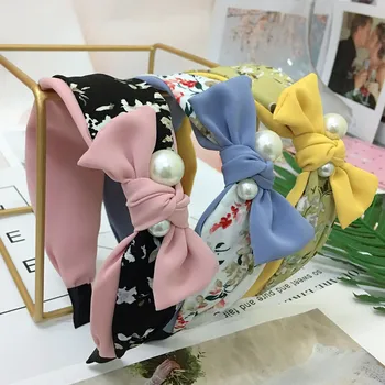 

Ladies' noble temperament, solid color printing, bow tie, pearl headband, wide edge, non-slip, contrast, floral headband