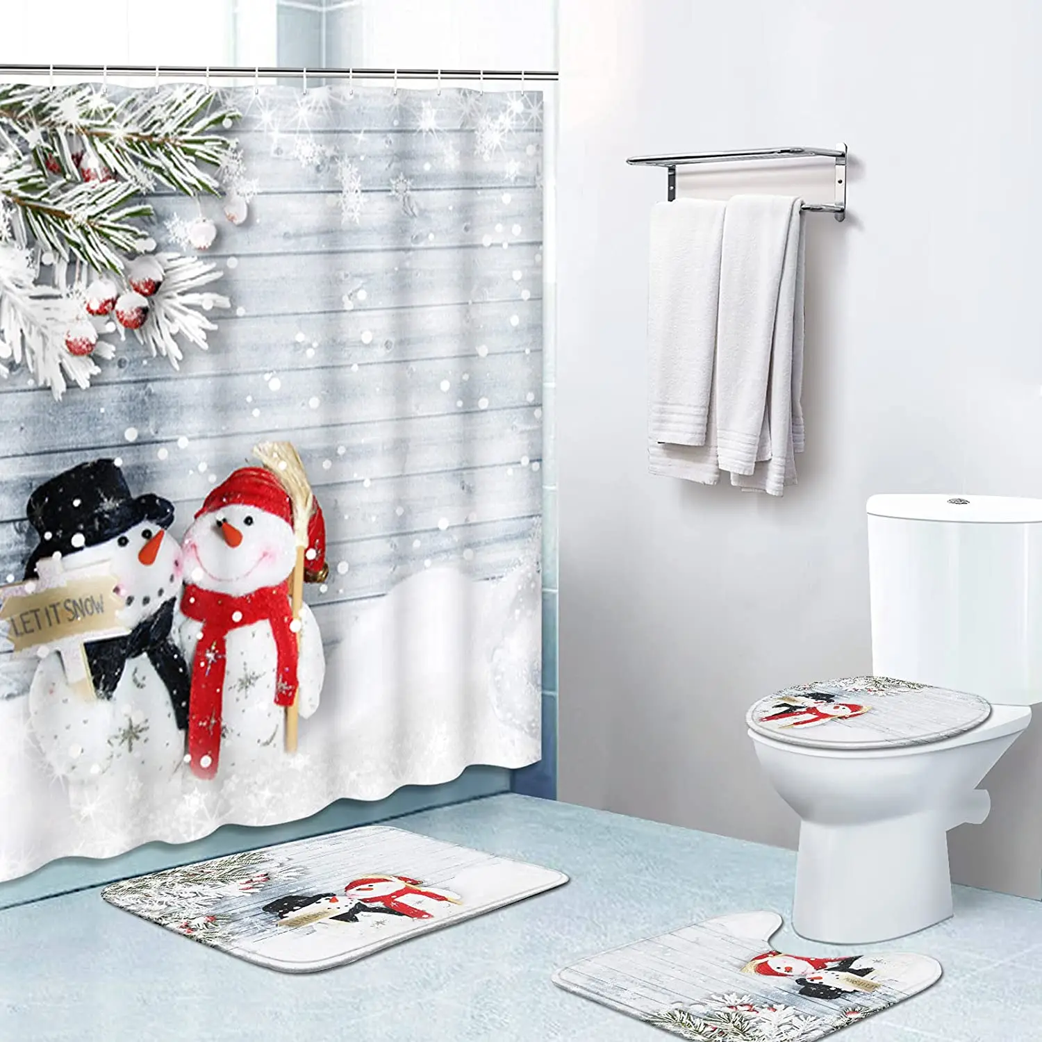 Shower Curtain Merry Christmas Toilet Cover Mat Set Snowman Bathroom  Carpet Rug 