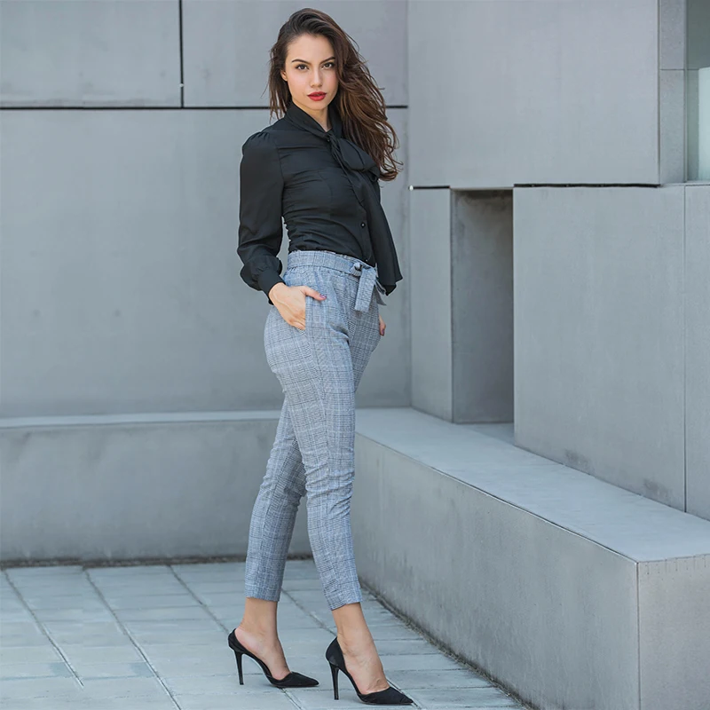 

Pants Women 2019 Autumn New High Waist Casual Feet Pants Winter Striped Slim Belt Pencil Pants