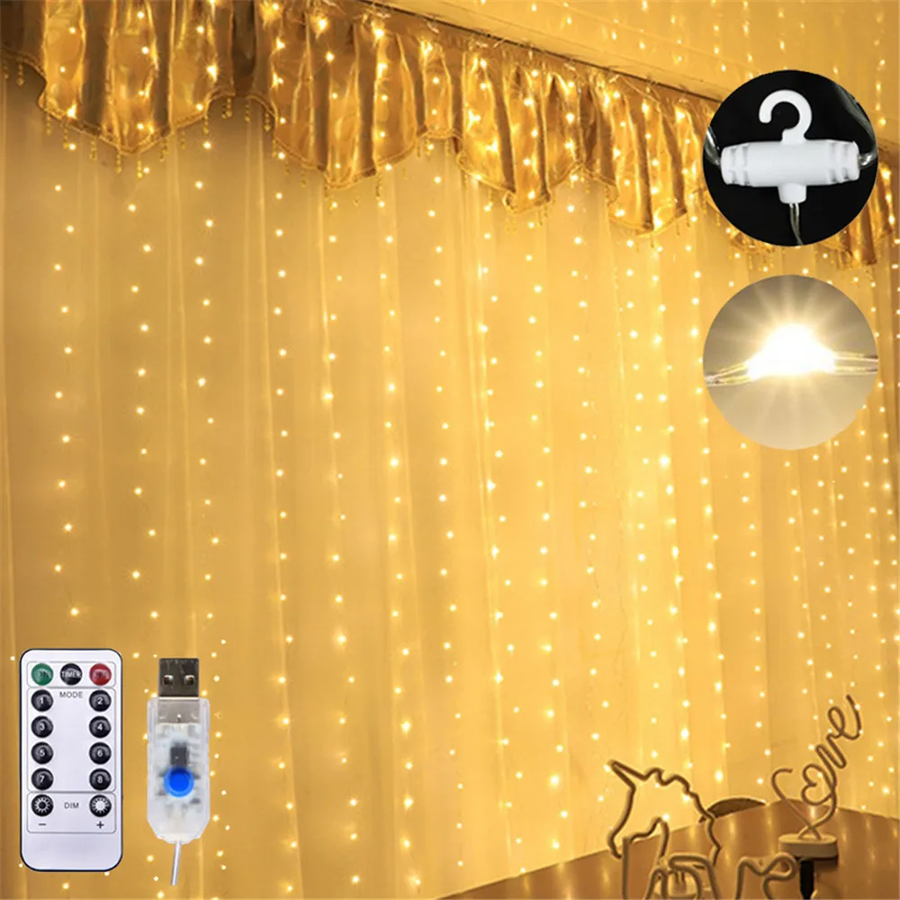 decoración de fiestas dormitorio luces de cadena de Navidad de color blanco cálido con 8 modos de control remoto bodas Luz de cortina impermeable de 300 LED 3 mx 3 m Blanco brillante 