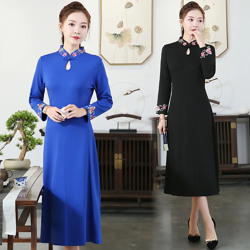 

2019 Autumn And Winter New Style Stand Collar Classical Frog Embroidery Waist Hugging Big Hemline Slimming Dress