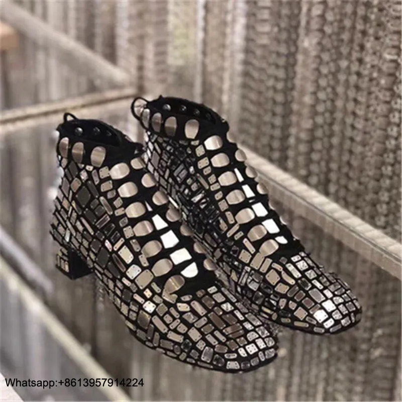 

Boots Shoes Ankle Ladies For Women Square Toe Zapatos De Mujer Lace Up Chaussures Femme Bling Ladies Boots Med Heel Sequin