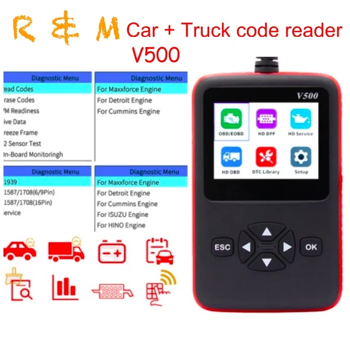 Считыватель кодов V500 CR HD сканер для тяжелых грузовиков и автомобилей OBD2 DPF/Oil Reset
