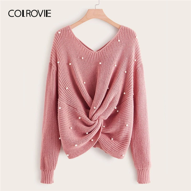

COLROVIE Plus Pearl Beaded Criss-cross Twist Sweater Women 2019 Fall Elegant Pink V neck Pullovers Long Sleeve Casual Sweaters