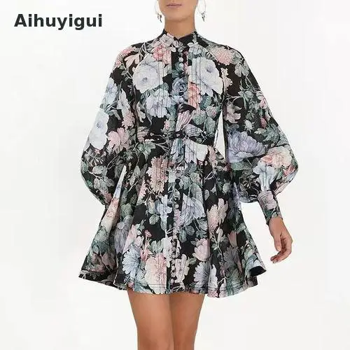

Aihuyigui Autumn Winter Button Stand Collar Lantern Sleeve High Quality Women Runway Floral Print High Waist Slim A Line Dr682