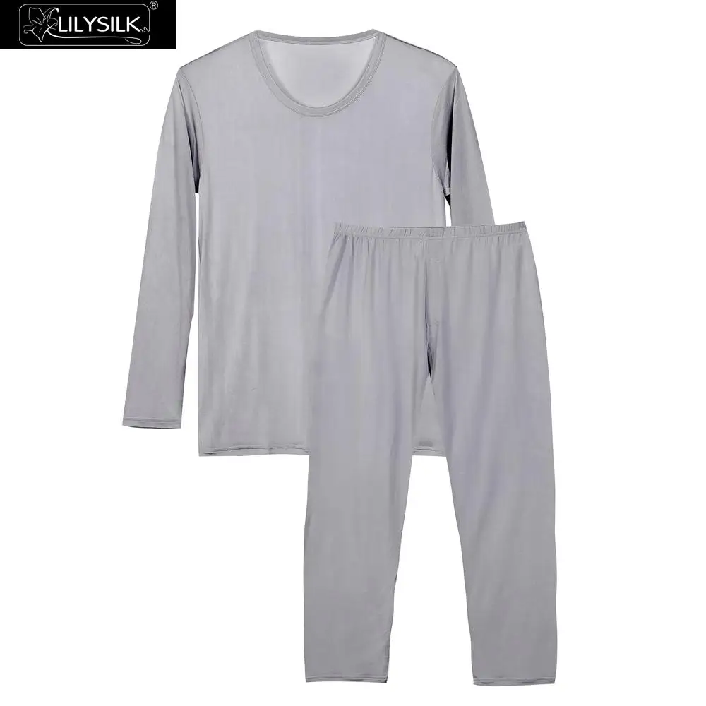 Шелковые пижамы LilySilk, одноцветная мужская Трикотажная Пижама, новинка - Цвет: Light Gray