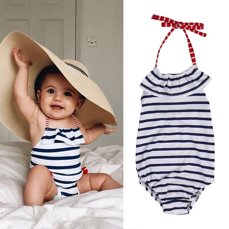 

2020 Kids Girls Striped Halter Swimsuit Lotus Leaf Swimwear One Piece Elastic Bathing Suit Swimsuit For Girls Kids Swimming Suit