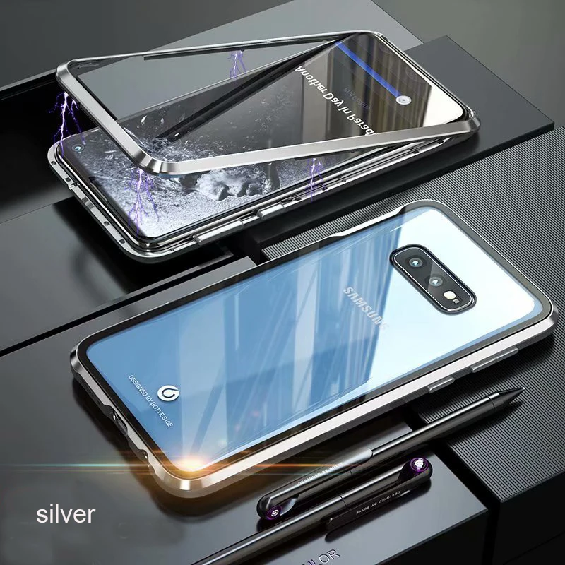 Чехол для телефона samsung S8, S9, S10, E, 5G, Note 8, 9, 10 Pro Plus, металлический чехол, боковое стекло, 360, защитный, противоударный - Цвет: silver
