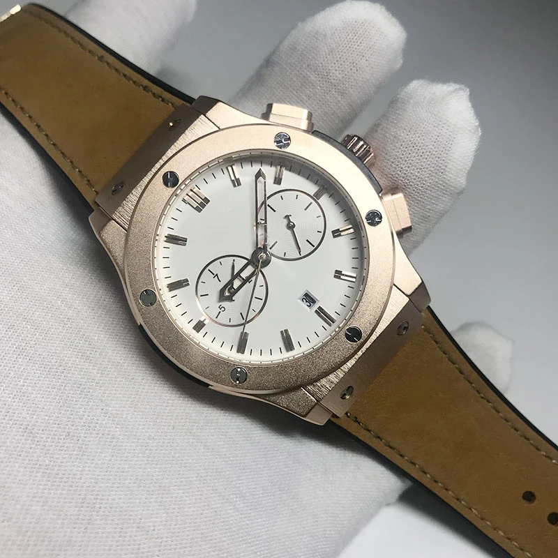 

Fashion Mens watch gold case white dial automatic self winding glide smooth second hand leather strap good quality watches