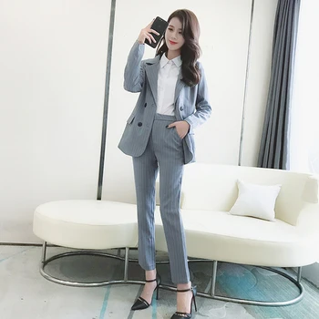 

Professional Womens Office Sets Striped Women 2 Piece Set Top And Pants Double Breasted Women's Suit Workwear Two Piece Outfits