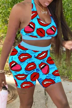 

2 Pieces Set Sleepwear Nightwear Pajama Sets Lips Print U-Neck Sleeveless Tank Crop Tops High Waist Biker Shorts Pants Summer