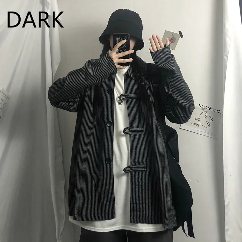 

[DARK] 2020 Akiharajuku Dark Black Retro Design Vertical Stripes Loose Cotton Long-sleeved Shirt Jacket
