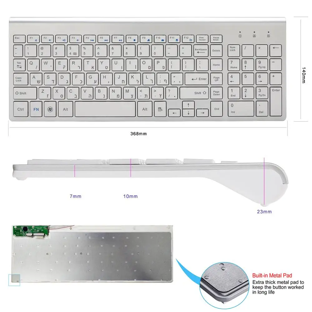 Hebraico Baixo Nível de Ruído 101 Teclas Teclado sem Fio 2.4g Fino e Compacto Teclado sem Fio para Computador Portátil Windows pc Desktop Smart tv - Imagem 5