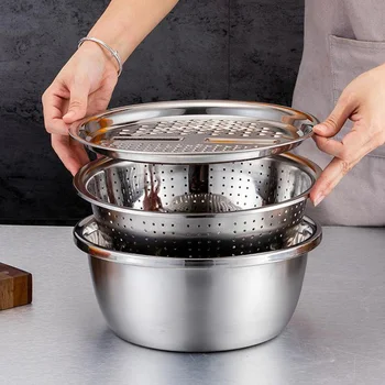 

3pcs Kitchen Tools Cheese Multifunctional Julienne Stainless Steel Salad Making Restaurant Easy Clean Portable Grater Basin Set