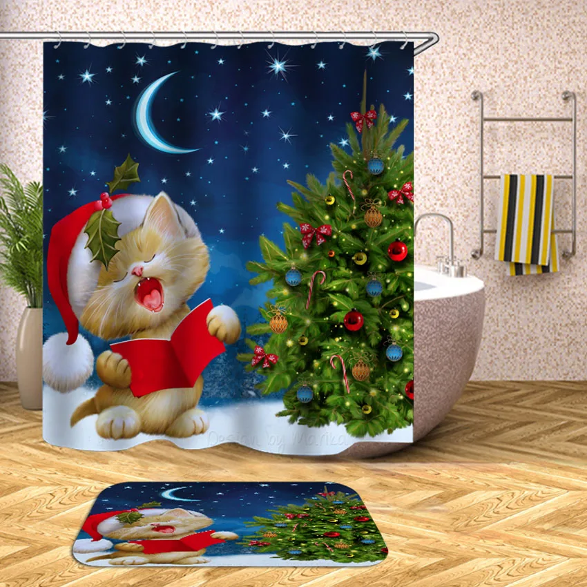 Новогодняя занавеска для душа кошка собака Рождественская шапка Водонепроницаемая занавеска для ванной s ванная комната для ванны крышка для купания большой широкий 12 шт. крючки