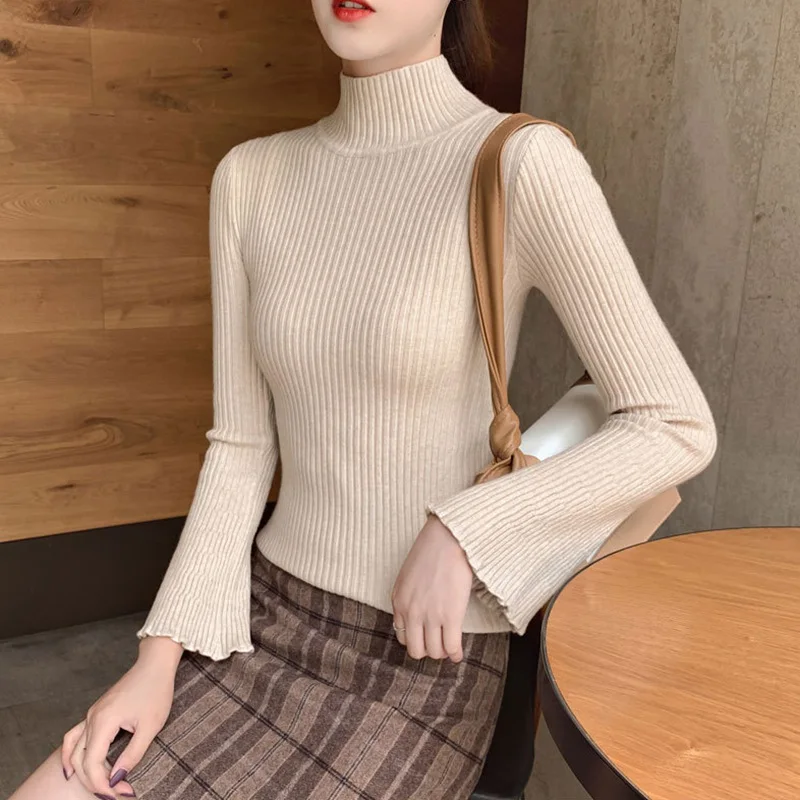 Sweater bottoming half-high collar Autumn Winter Korean sweater women Long-sleeve Solid Turtleneck Knitted Sweater Pullover Slim