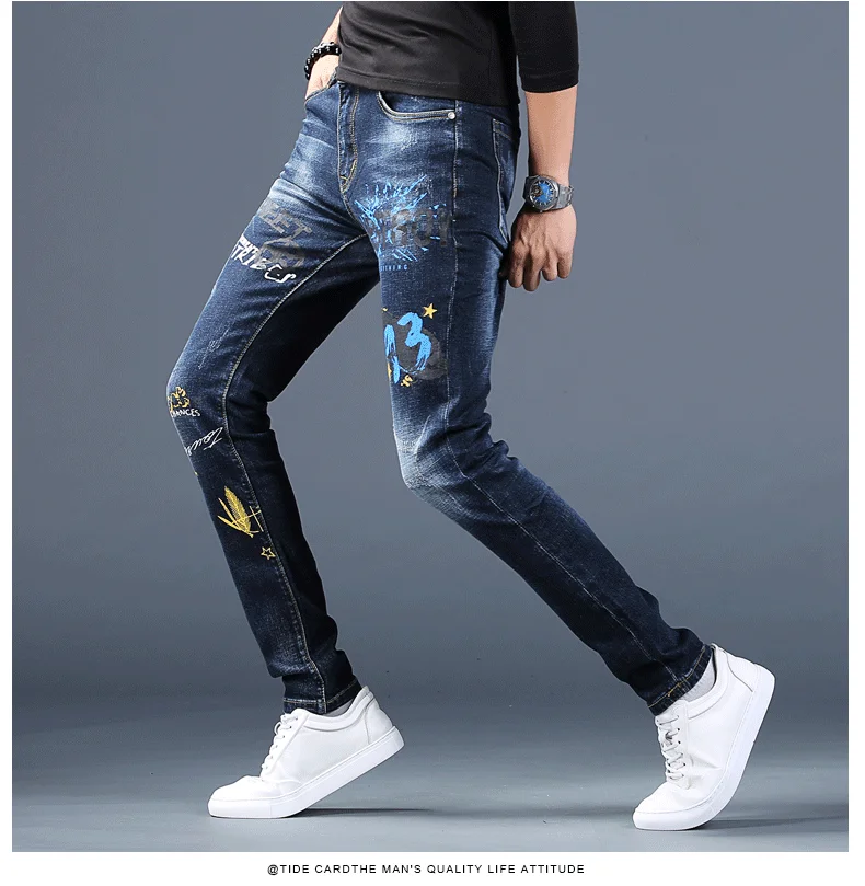 ripped jeans for men Mens stretch denim print pants jeans Korea slimming trendy casual jeans all-match light luxury men jeans . work jeans