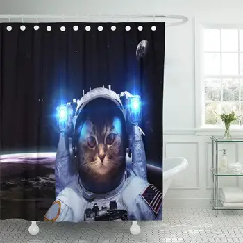 

Astronaut Cat Floats Above Earth Stars Provide The Shower Curtain Waterproof Polyester Fabric 60 x 72 Inches Set with Hooks