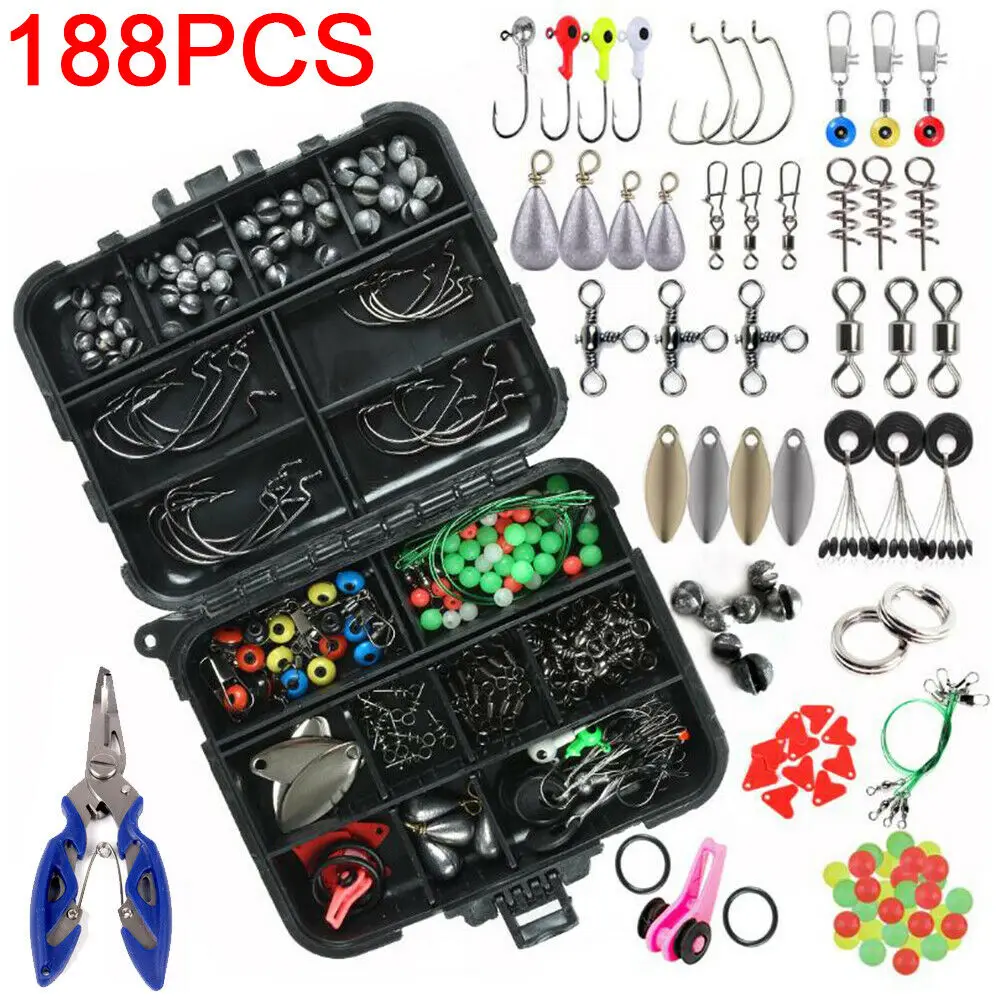 Fishing Kit Set with Tackle Box Pliers Hooks Sinker Weights Swivels Snap 