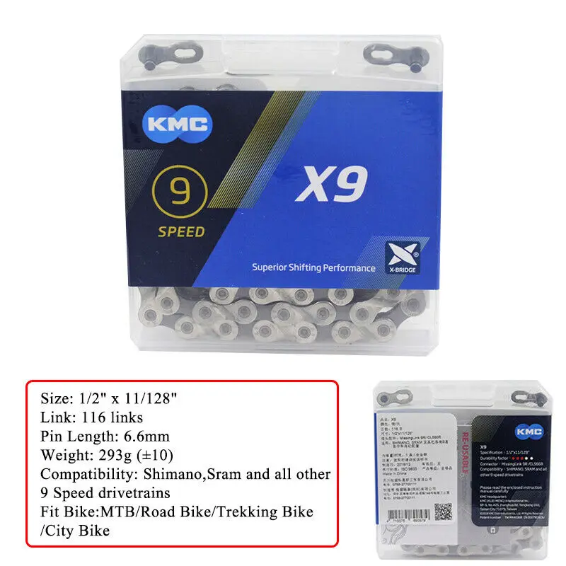X9 KMC MTB велосипедные цепи 8 9 10 11 скоростная цепь двойная "X" Половина 116/118 звеньев велосипедная горная велосипедная цепь подходит Shimano SRAM Casstte - Цвет: X9
