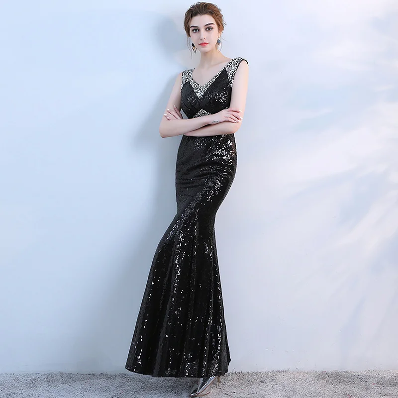 Королевский синий sequines Русалка Длинный v шеи сексуальное layd вечерное платье для женщин вечернее платье - Цвет: Черный