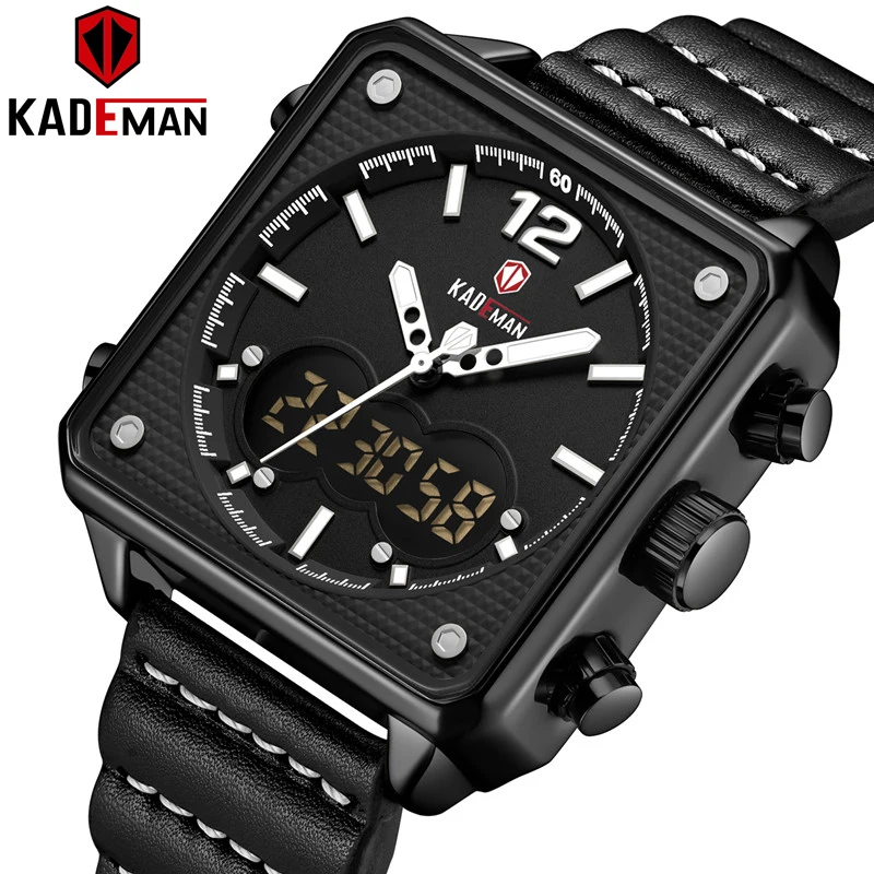Роскошные квадратные часы Мужские Оригинальные спортивные часы Топ бренд KADEMAN двойной дисплей 3ATM Tech наручные часы новые кожаные повседневные мужские часы - Цвет: B-W-B