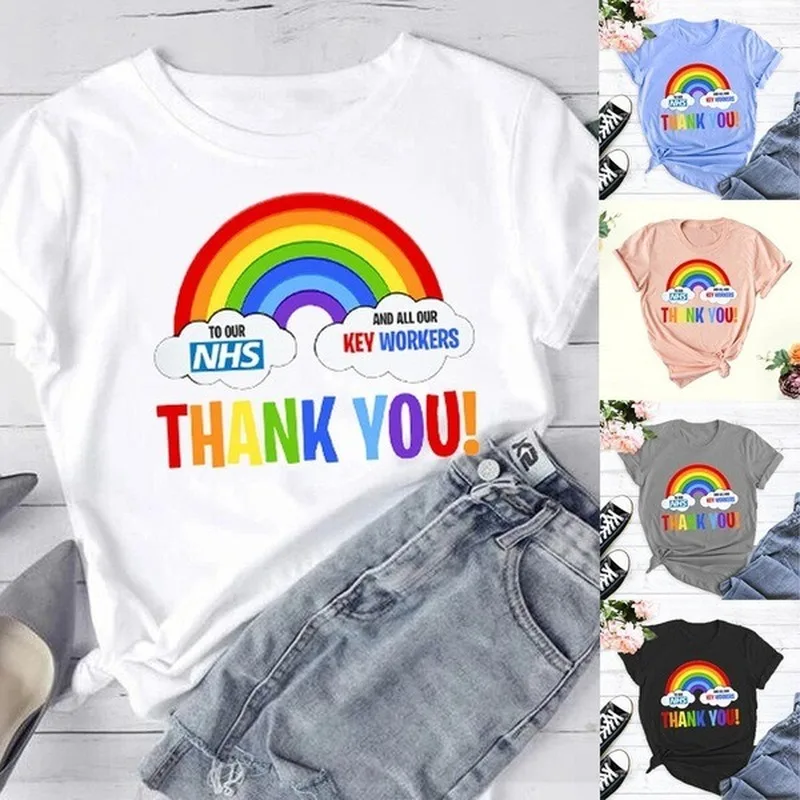 

THANK YOU RAINBOW Print T Shirt Women Short Sleeve O Neck Loose Tshirt Summer Women Tee Shirt Tops Camisetas Mujer
