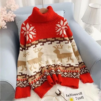 

Loose-fitting Super-red Snow-flower sweaters Laid-back Christmas Thick turtlenecks women's Sweater
