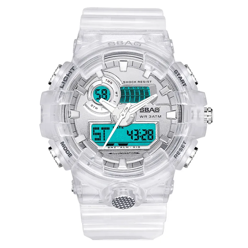 

New dual display digital watch men EL light alarm clock traslucent case electronic watch fashionable montre homme Freeship CN