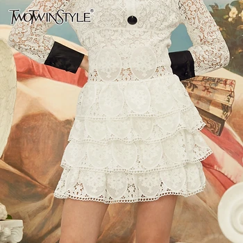

TWOTWINSTYLE Casual Embroidery Women's Skirts High Waist Hollow Out Ruffles Lace Skirt For Female Fashion 2020 Spring Clothing