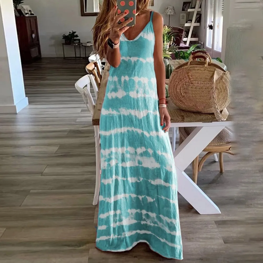 

Summer Women Boho Maxi Dress Tie Dye Print Spaghetti Strap Sleeveless Sun Beach Dresses Robe Female Vestidos Plus Size